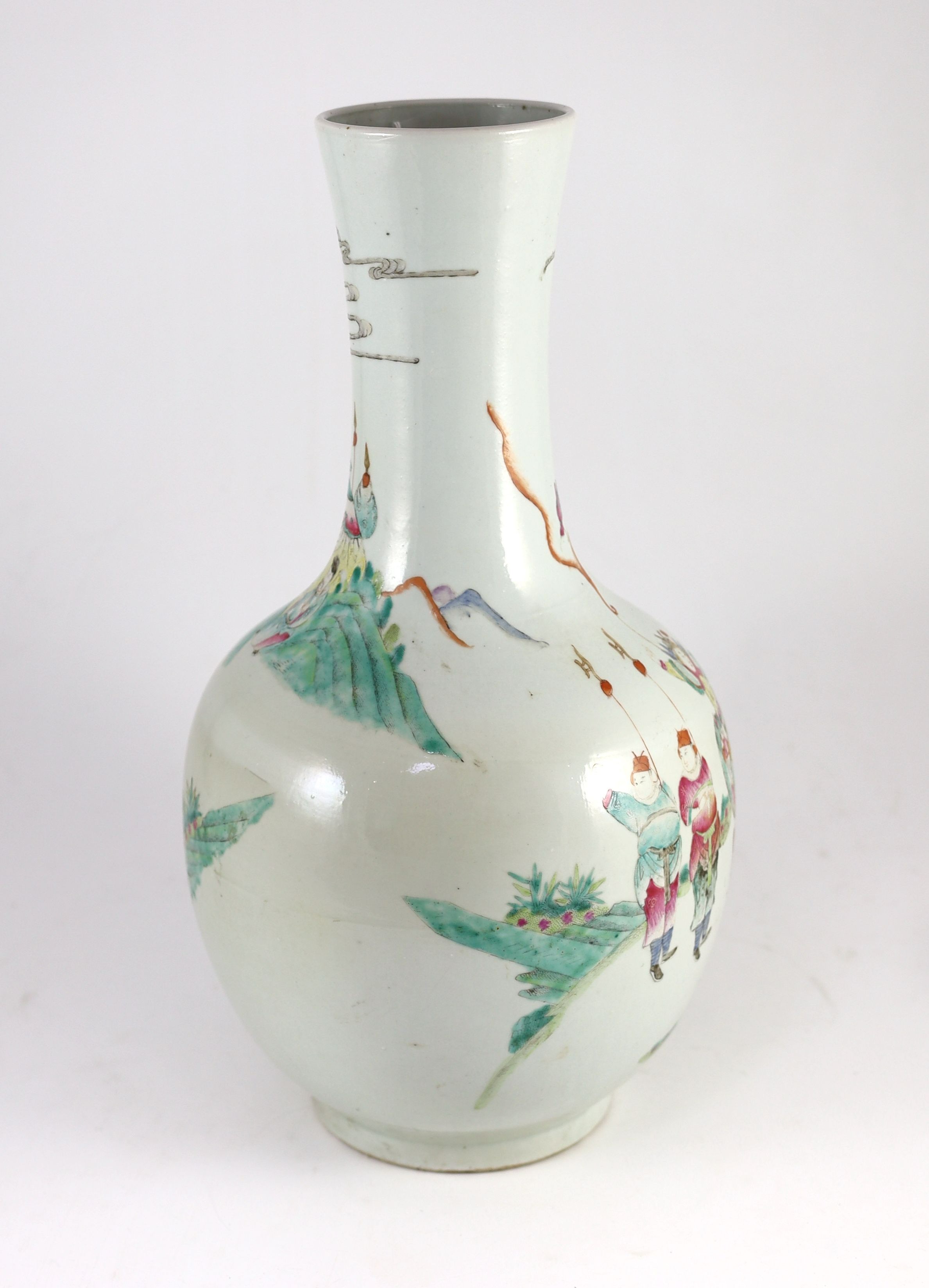 A Chinese famille rose 'warriors' bottle vase, early 20th century, 45 cm high